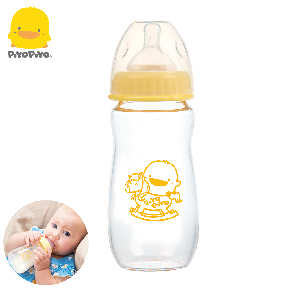 【任選】黃色小鴨《PiyoPiyo》媽咪乳感寬口徑質厚輕感玻璃奶瓶280ml
