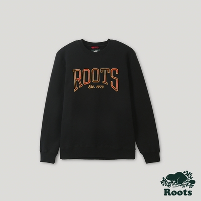 Roots 男裝- 格紋風潮系列 文字刷毛布圓領上衣-黑色