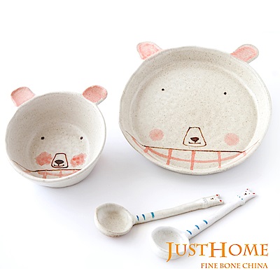 Just Home熊幸福陶瓷4件碗盤組(盤+碗+匙*2)