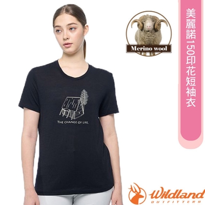 荒野WildLand 女 100%美麗諾150印花短袖衣.抗菌抗臭.四面彈性_黑