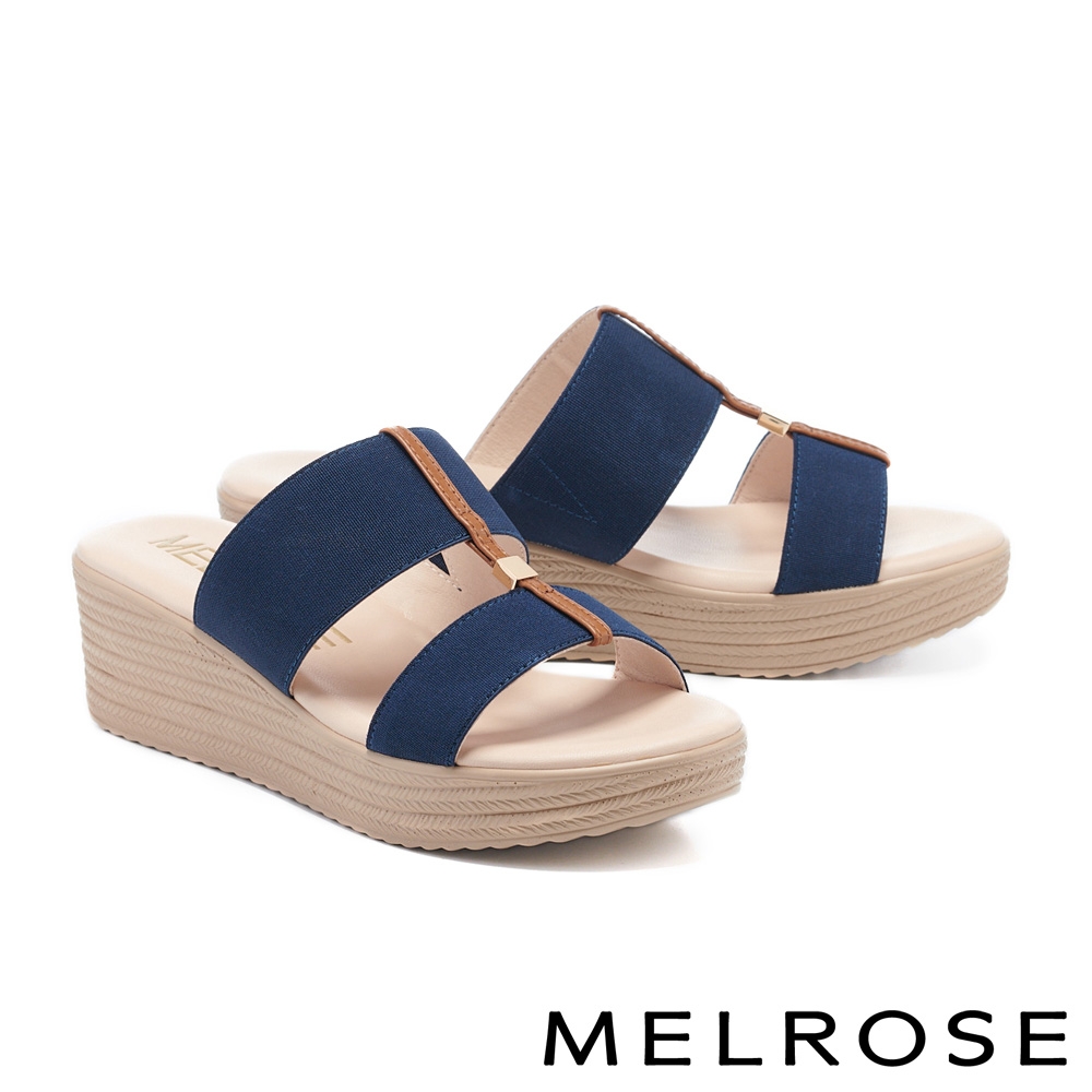 拖鞋 MELROSE 美樂斯 夏日輕旅 清新寬版彈力繫帶楔型厚底拖鞋－藍