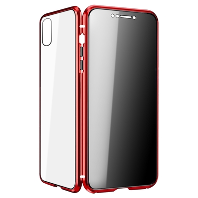 iPhone X XS 手機保護殼金屬全包防窺雙面玻璃磁吸殼 X XS手機殼 紅色款