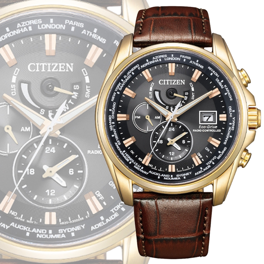 CITIZEN 星辰 GENTS 光動能 電波對時萬年曆腕錶-棕色皮錶帶44mm AT9123-13E