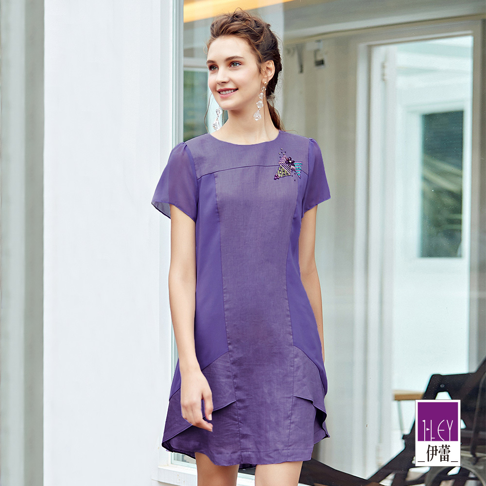 ILEY伊蕾 雪紡活片亞麻短袖洋裝(紫)