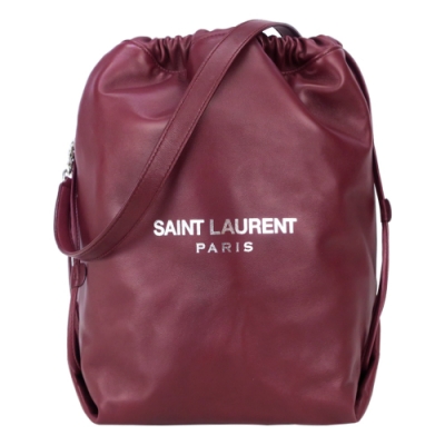 YSL SAINT LAURENT TEDDY 經典LOGO羊皮水桶肩背包(附手拿包/酒紅)