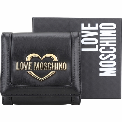 LOVE MOSCHINO 拋光愛心字母亮面皮革三折卡片夾/零錢包(黑色)