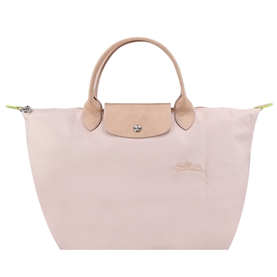 LONGCHAMP LE PLIAGE GREEN系列刺繡短把再生尼龍摺疊水餃包(中/花粉)