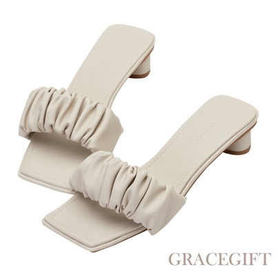 【Grace Gift】甜美雲朵低跟拖鞋 米白