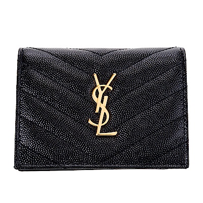 YSL MONOGRAM系列V字金屬LOGO絎縫魚子醬牛皮對折卡夾 (黑色)