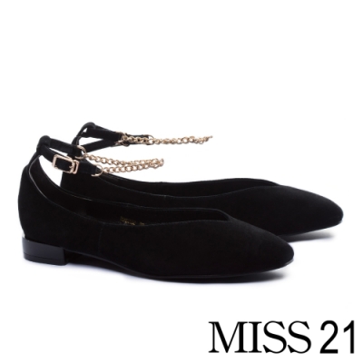 低跟鞋 MISS 21 簡約優雅鍊條踝繫帶方頭低跟鞋－黑