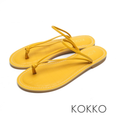 KOKKO渡假風鱷魚壓紋超細帶牛皮夾腳涼拖鞋亮麗黃