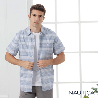 Nautica 男裝 粗細條紋短袖襯衫-藍