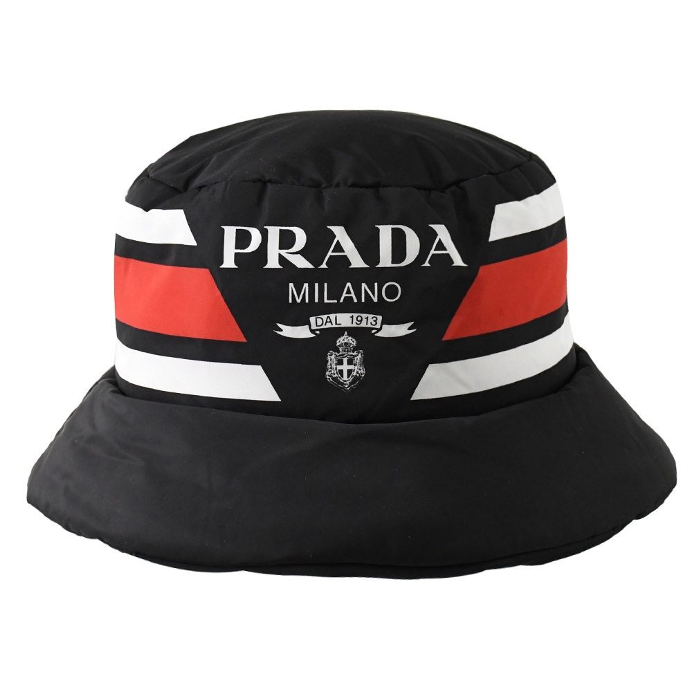 PRADA 品牌LOGO印花設計加厚尼龍漁夫帽/遮陽帽(黑)