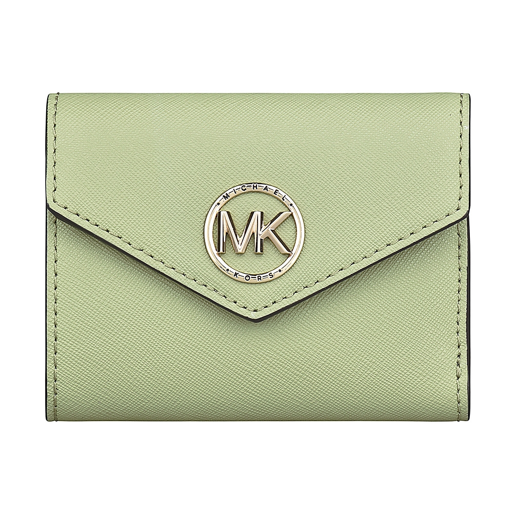 MK MICHAEL KORS CARMEN金字LOGO信封造型防刮牛皮4卡釦式短夾(鼠尾草綠)