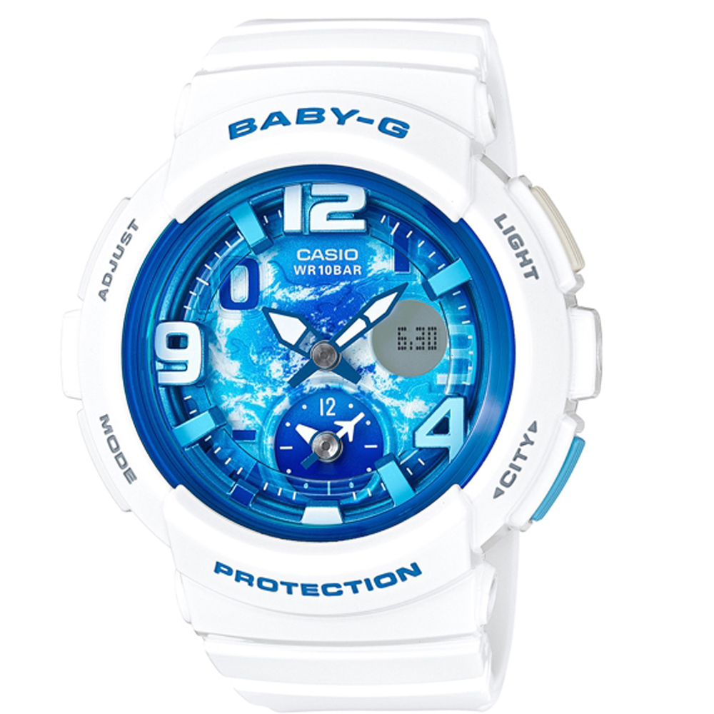 BABY-G 海灘旅行系列清澈藍天兩地時間休閒錶(BGA-190GL-7B)44.3mm