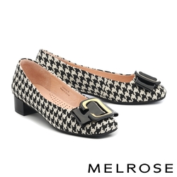 低跟鞋 MELROSE 美樂斯 質感優雅金屬飾釦千鳥格紋布方頭低跟鞋－黑白