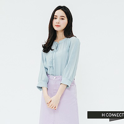 H:CONNECT 韓國品牌 女裝-流蘇綁結刺繡上衣-藍綠色