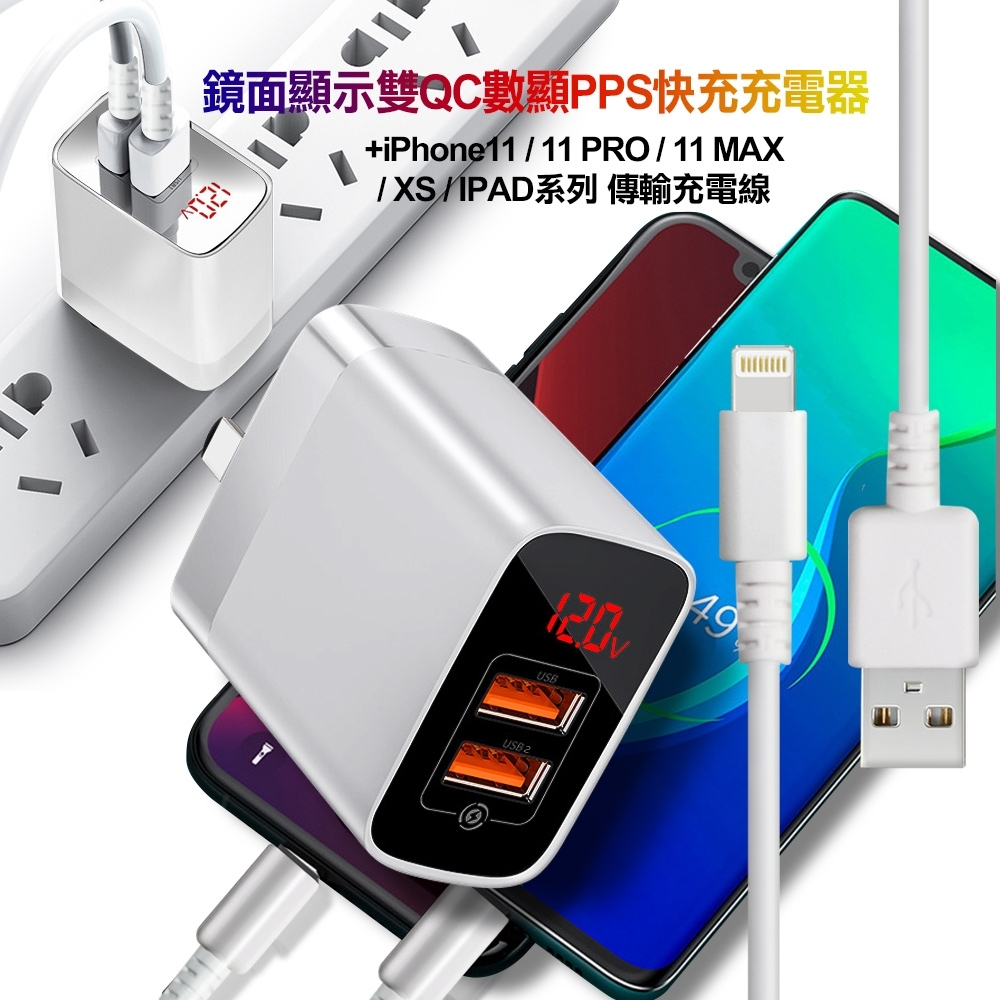 Baseus倍思鏡面顯示pps雙qc快充充電器 Iphone Ipad系列傳輸充電線 白色組 充電器 Yahoo奇摩購物中心