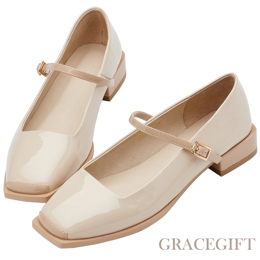 【Grace Gift】Alice聯名-優雅芭蕾低跟瑪莉珍鞋 杏漆