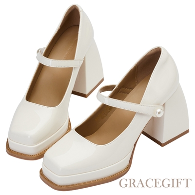 【Grace Gift】珍珠繫帶防水台高跟瑪莉珍鞋 米白漆