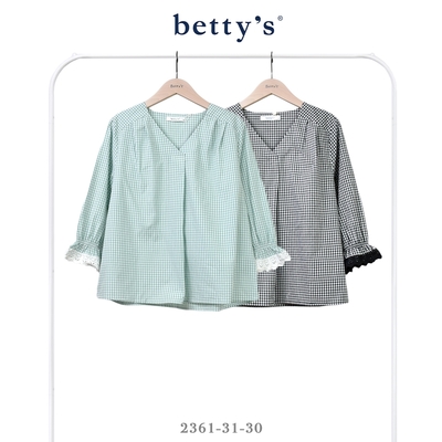 betty’s貝蒂思 V領袖口蕾絲格紋長袖上衣(共二色)