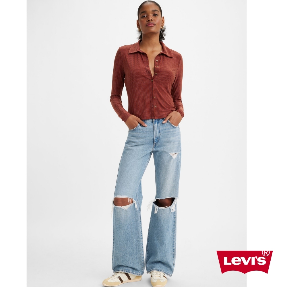 Levis 女款 中腰加寬靴型牛仔寬褲 / 精工磨損大破壞工藝