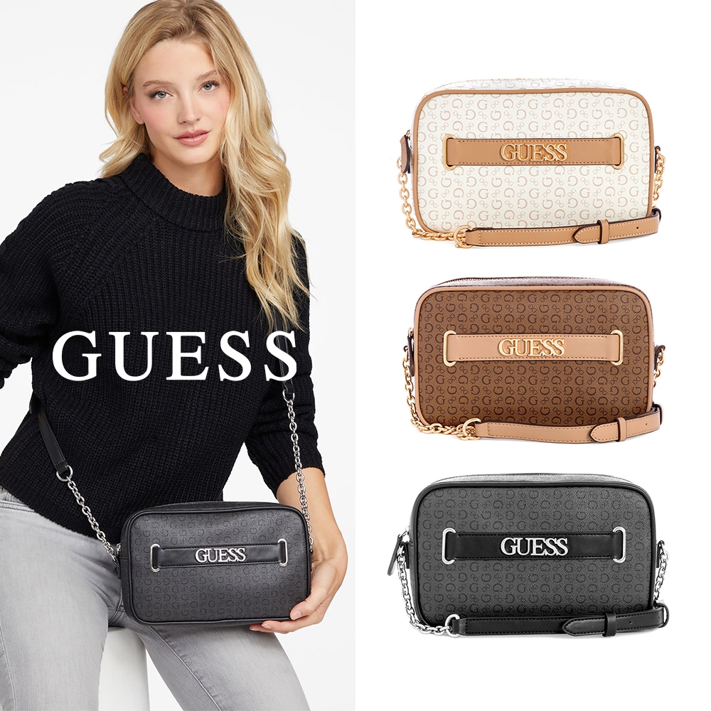 【GUESS】滿版印花LOGO配飾拉鍊斜背包-三色任選