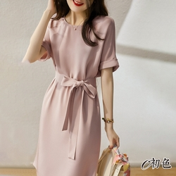 初色 氣質收腰純色雪紡連身裙洋裝-粉紅色-98708(M-2XL可選)