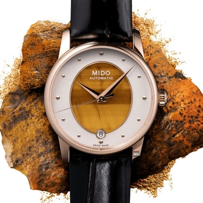 MIDO美度 官方授權M6 Baroncelli 永恆彩石腕錶 澄棕虎眼石-幸運石33㎜(M0352073647100)