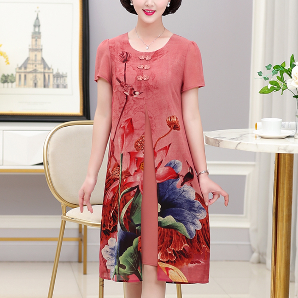 【KEITH-WILL】假二件式真絲質感定位印花中國領洋裝