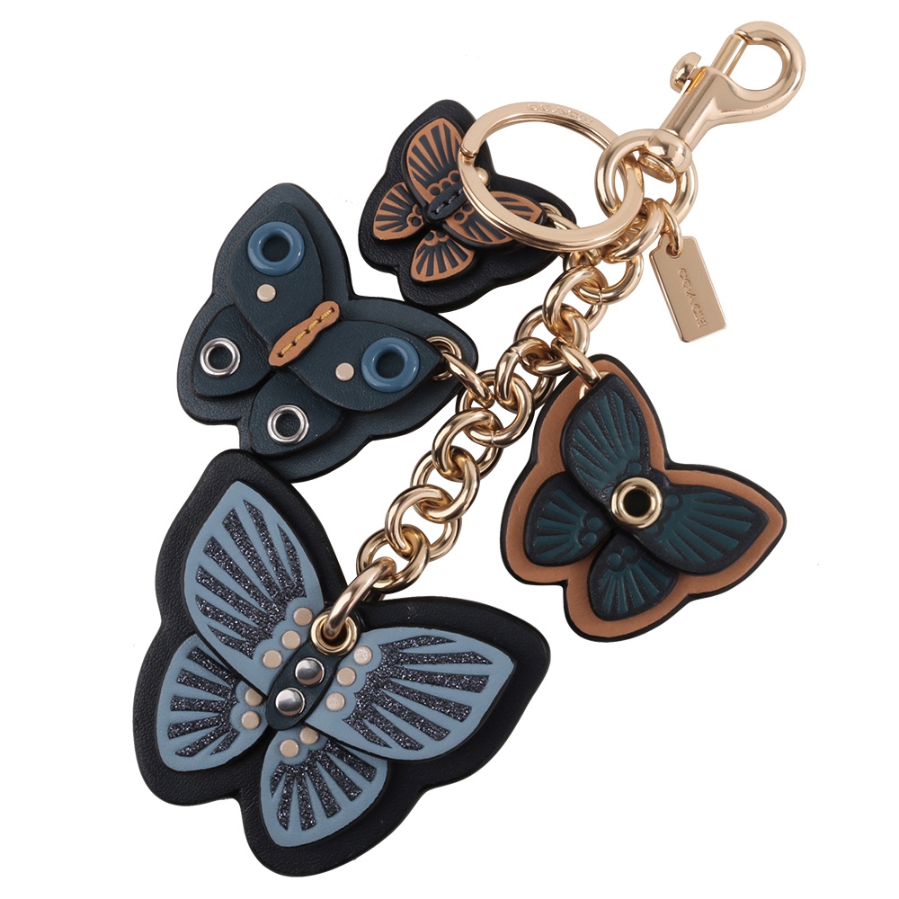 COACH 蝴蝶雕飾皮革吊飾&扣環鑰匙圈(深藍)