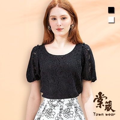 【TOWNWEAR棠葳】優雅蕾絲花卉澎澎袖上衣  2色(女上衣/短袖/圓領/氣質/拉鍊)