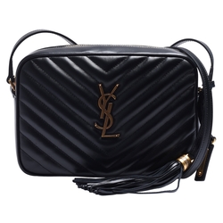 YSL 經典MONOGRAM系列V字縫線小牛皮復古金屬LOGO流蘇斜背包(黑色)