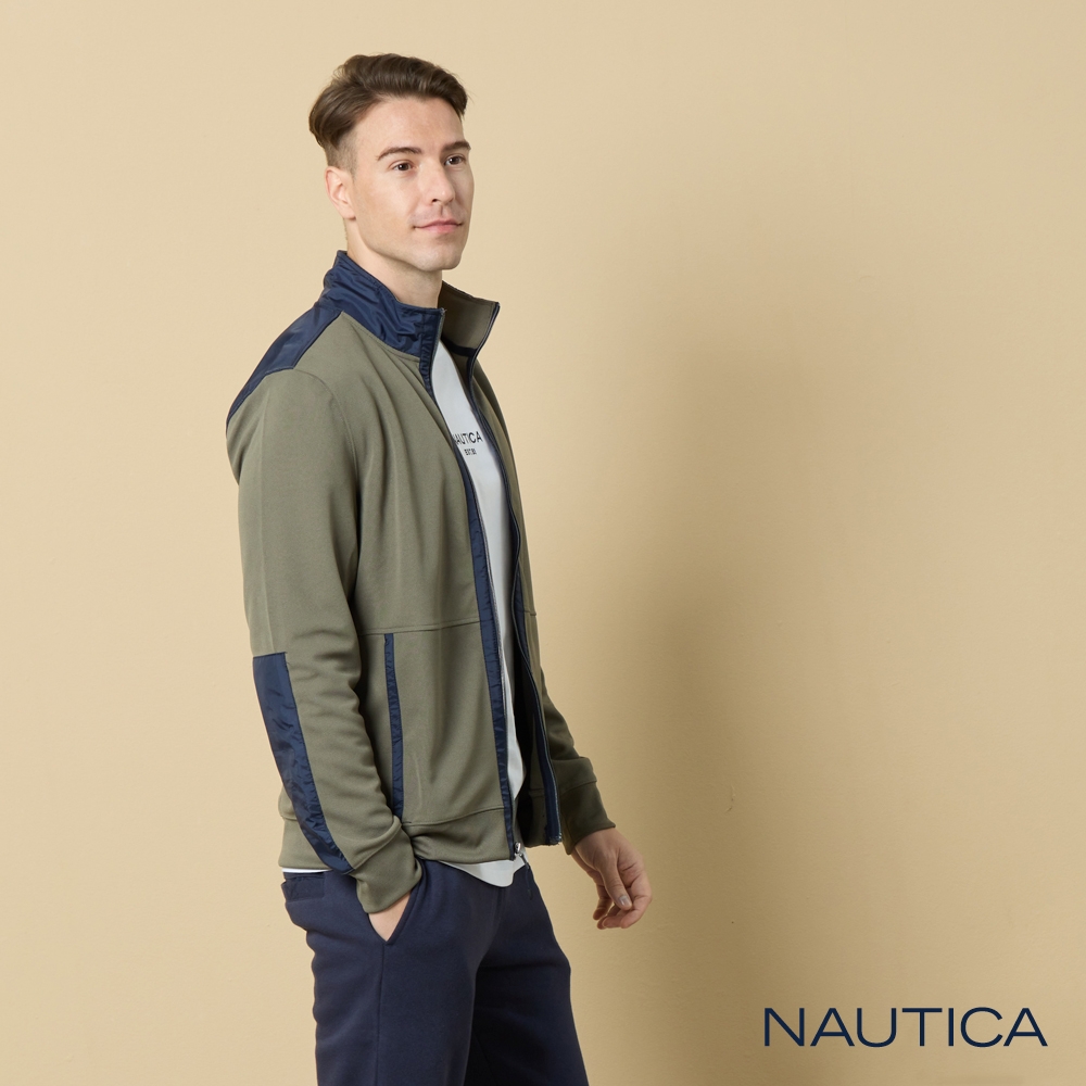 Nautica 男裝 防潑水撞色拼接立領外套-墨綠