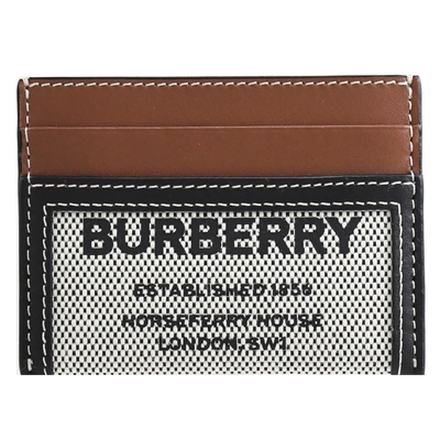 BURBERRY SANDON 棉麻編織LOGO牛皮飾邊簡易隨身卡夾(咖邊)