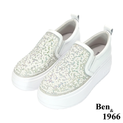 Ben&1966高級頭層牛皮流行厚底羊皮燙鑽休閒鞋-白(218092)