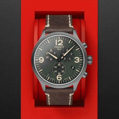 TISSOT天梭 官方授權 韻馳系列 XL計時碼錶石英腕錶-棕x綠 母親節 禮物 45mm/T1166173609700