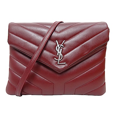 YSL SAINT LAURENT 牛皮斜扁包(酒紅色)