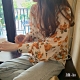 JILLI-KO 橘色碎花燈籠袖雪紡襯衫- 橘色 product thumbnail 1