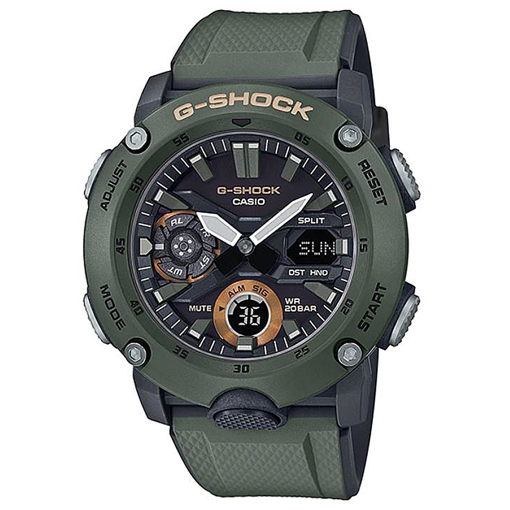 G-SHOCK 引領潮流碳纖維防護設計休閒腕錶-綠(GA-2000-3A)51.2mm