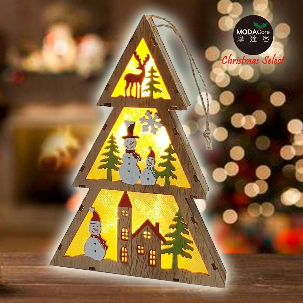 交換禮物-摩達客 木質製彩繪聖誕樹造型LED夜燈擺飾(雪人款/電池燈)
