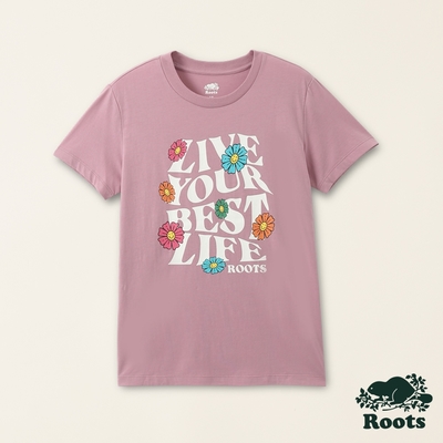 Roots女裝-擁抱真我系列 文字設計有機棉短袖T恤-蘭花粉