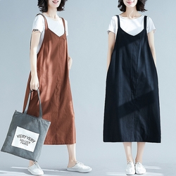 【Paiya 派亞】新款中年文藝寬鬆拼接純色棉麻中長款背心裙(L-XL)