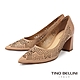 Tino Bellini 巴西進口蕾絲花紋簍空牛皮尖頭粗跟鞋-米 product thumbnail 1