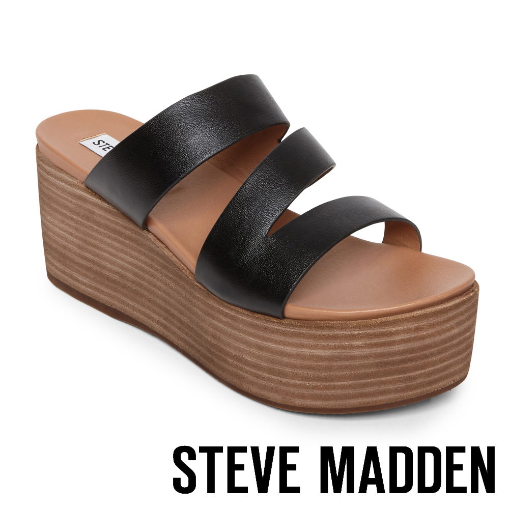 STEVE MADDEN HALLY 真皮革心機增高木質拖鞋-黑色