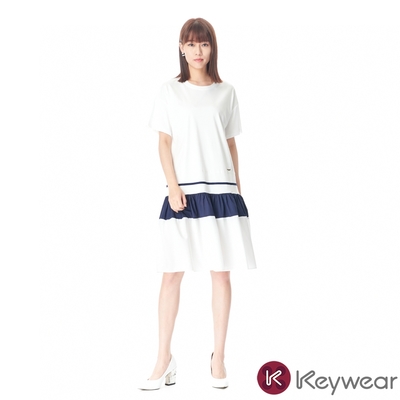 KeyWear奇威名品 休閒蛋糕裙襬短袖洋裝-白色