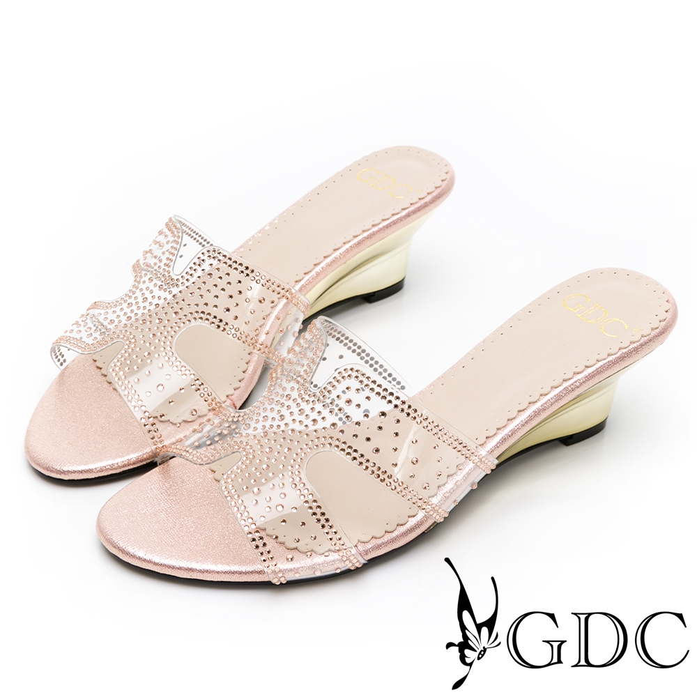 GDC-滿版水鑽玻璃感金屬調奢華亮麗楔型拖鞋-粉色
