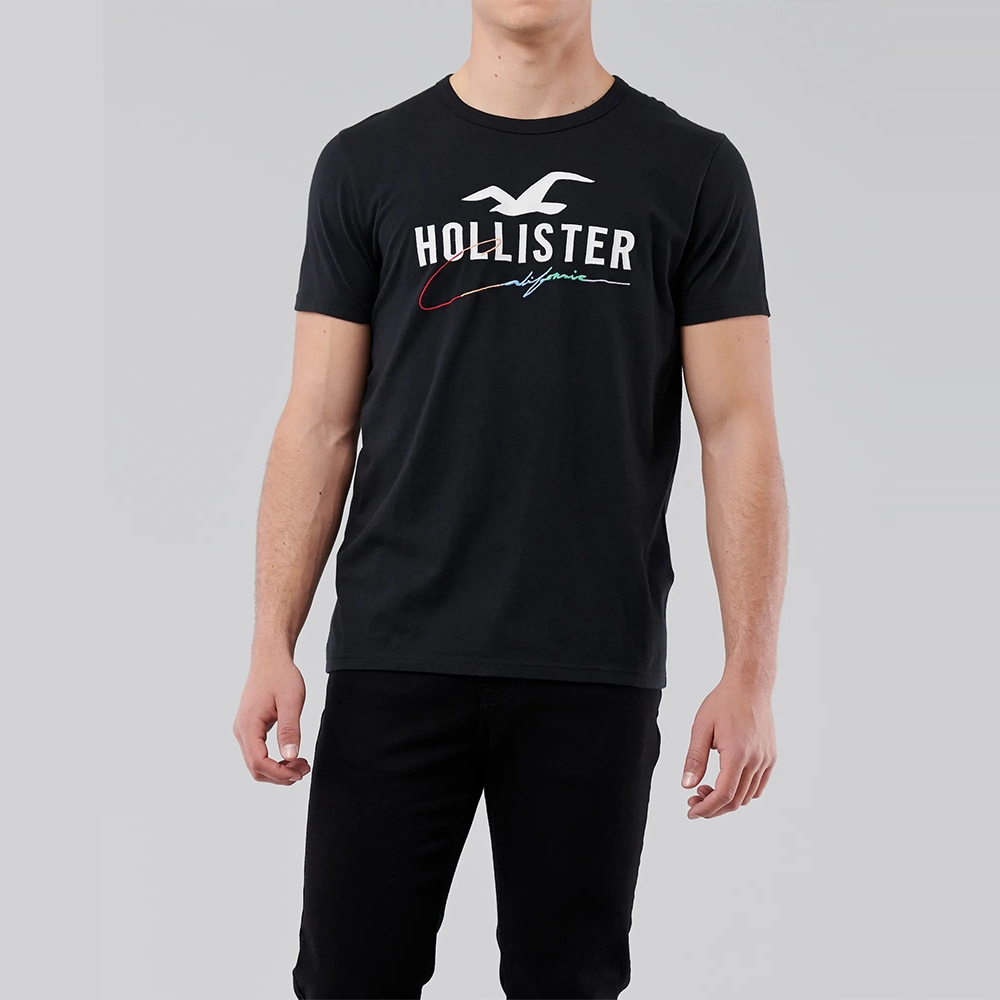 Hollister 經典刺繡大海鷗文字短袖T恤-黑色