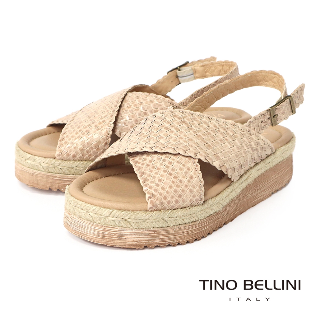 Tino Bellini 西班牙進口編織工藝交叉寬帶麻厚底涼鞋-米