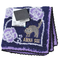 ANNA SUI 可愛灰貓刺繡字母LOGO蝴蝶圖騰小方巾(藍紫色系)